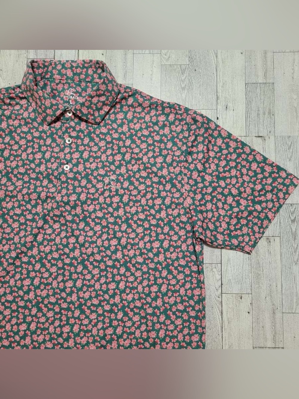 Rhoback The Azalea Green Spring Pink Golf Masters Print Polo Shirt Men's L